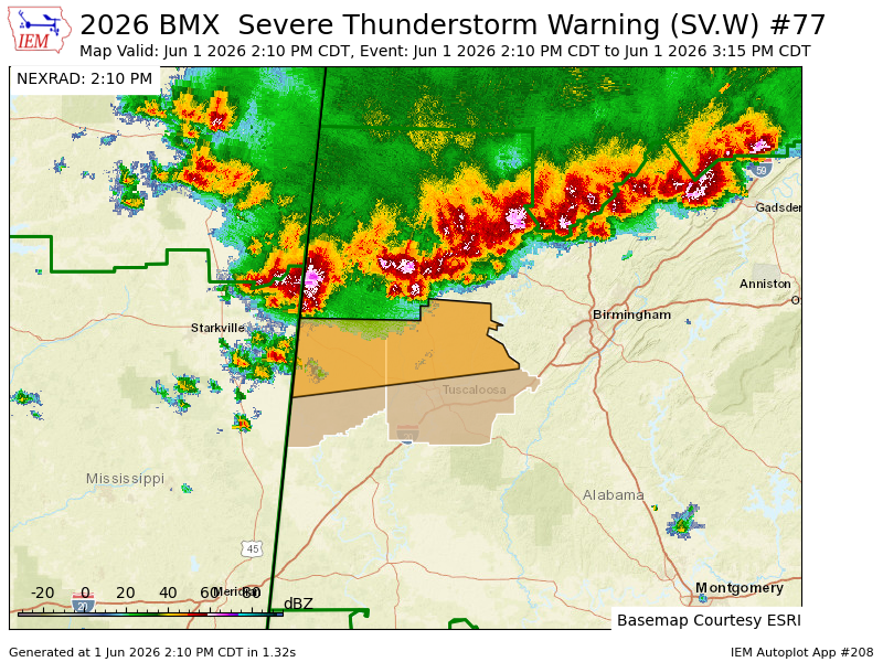 K4NWS's tweet photo. BMX issues Severe Thunderstorm Warning [wind: 60 MPH (RADAR INDICATED), hail: 1.00 IN (RADAR INDICATED)] for Pickens, Tuscaloosa [AL] till Jun 1, 3:15 PM CDT https://t.co/oYIm6Xdli2 https://t.co/c7g2ASYVgF