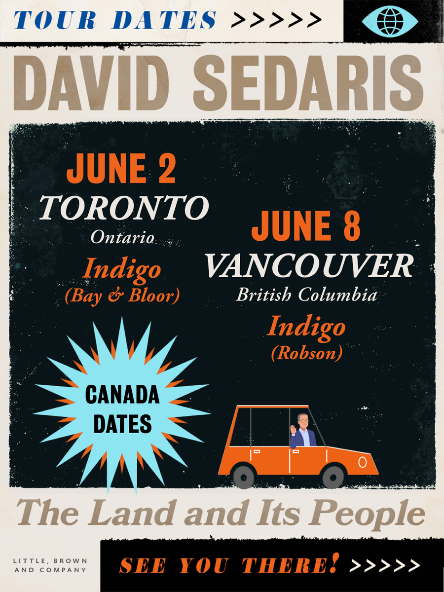 HBGCanada's tweet photo. GIVEAWAY! 🚨 We're giving away tickets to the Toronto and Vancouver events for the newest book by David Sedaris, THE LAND AND ITS PEOPLE! 

Two lucky winners will win a pair of tickets, plus a copy of the book. 

To enter, visit our Instagram: https://t.co/u1QyGuPhv7 https://t.co/JCXjDE0paP
