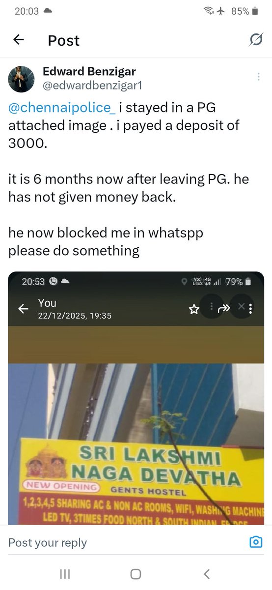 edwardbenzigar1's tweet photo. @chennaipolice_ it is many months i am asking for help to get my deposit back from PG i stayed in perungudi .

nothing happening https://t.co/JabprKMmgL