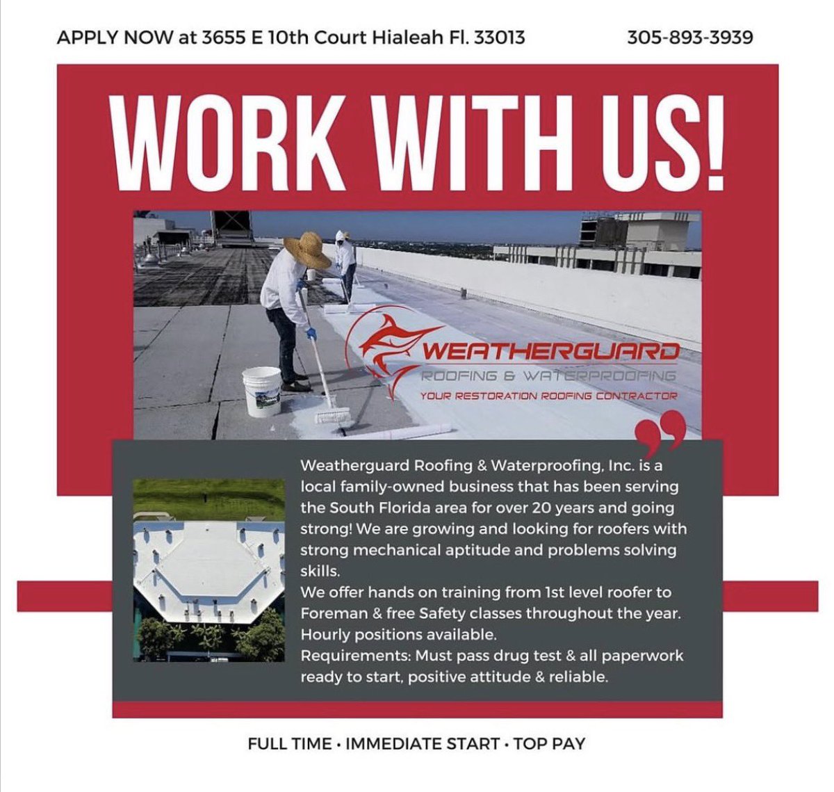 Weatherguard_fl's tweet photo. 🚨 NOW HIRING 🚨

Weatherguard Roofing &amp; Waterproofing is growing and actively hiring for roof laborers 👷🏼‍♂️

📞 For more information 📲
305-893-3939

#WeAreHiring #RoofingJobs #MiamiRoofing #NowHiring #rooflaborer https://t.co/HhIGHqOQeL