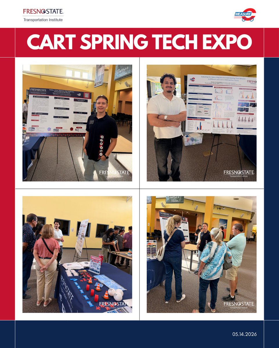 fstranspinst's tweet photo. Representing FSTI at the CART Spring Tech Expo! Student fellows Alexander and Ali presented their research, shared insights with industry professionals, and highlighted the impactful work being done through the Fresno State Transportation Institute.

#FresnoState #CARTTechExpo https://t.co/ssCG3t0g34