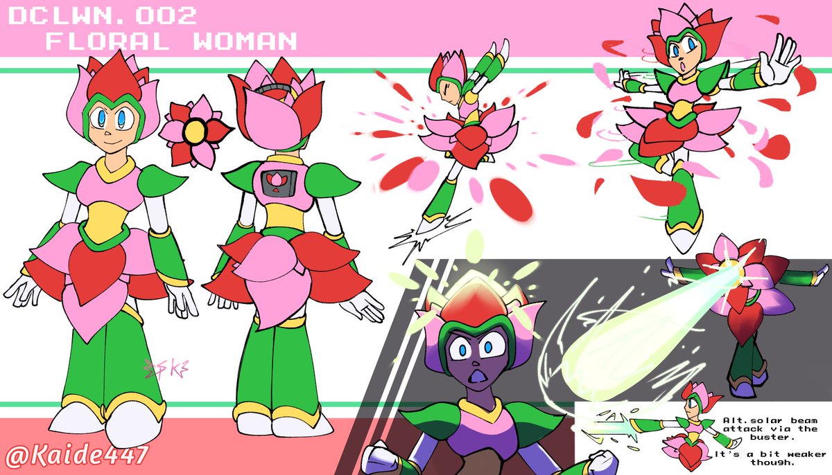 Kaide447's tweet photo. Ref sheet and some facts
- Floral was originally a Valentines robot before changing it to be flower themed.
- She isn't too scared of any robot that seems dangerous to nature (fire especially)
-She's energetic in the day and gets immediately sleepy once it's night.

#Megaman https://t.co/IEblrnuyPZ