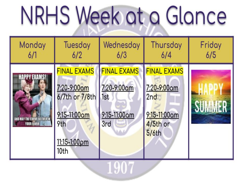 norohigh's tweet photo. NRHS Week at a Glance | June 1–6
📝 Final Exams:
6/2: 6th/7th, 9th, 10th
6/3: 1st &amp; 3rd
6/4: 2nd &amp; 4th/5th or 5th/6th
🏃‍♀️ State Bound! Lauren Politsky, Cali Wise, Rachel Ellis &amp; Vittoria Grotto set a new school record (1:44.43) in the 4x200 
Track Meet: Sat. June 6 | 3 PM https://t.co/v2tGpQsdGQ
