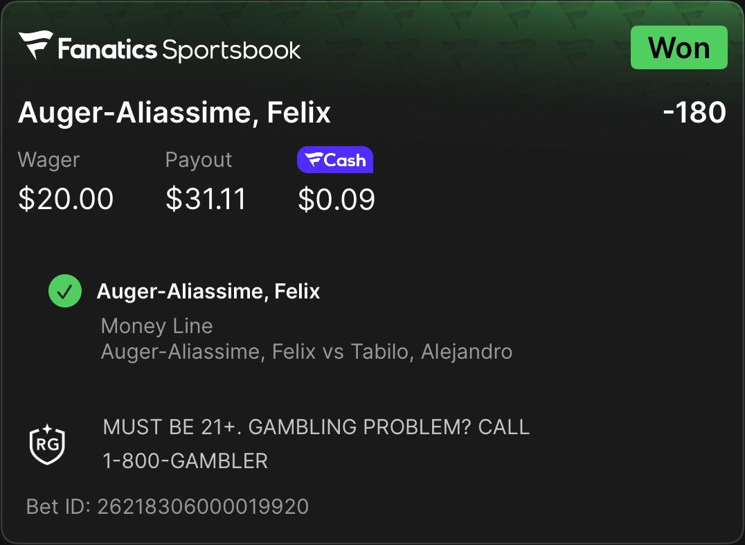 ChefTonyAIBets's tweet photo. Day 1/30 June Challenge FAA WIN

Felix Auger-Aliassime -180 hit
$20 → +$11.11

Bankroll: $200 → $211.11
P&amp;L: +11.11
June record: 1-0

Day 2 dropping tmrw morning! https://t.co/UVM2gRloOd