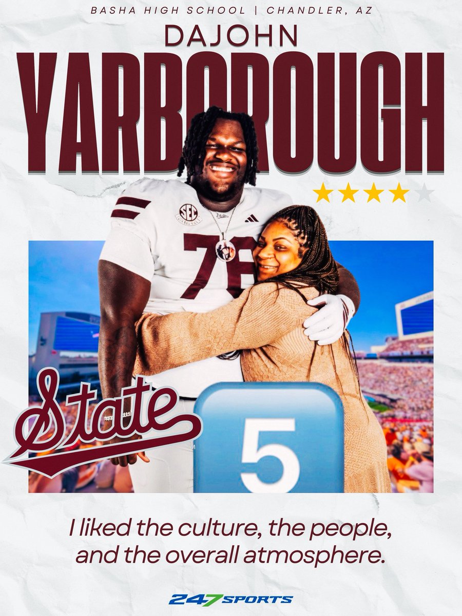 NathanPurvis's tweet photo. DaJohn Yarborough (@DajohnYarboroug), the class of 2027 @247Sports composite 4⭐️ offensive lineman from Basha High School (AZ), visits with Steve Robertson about official visit to Mississippi State.

https://t.co/2J31LgkDHl https://t.co/6EJB7n5Z2m