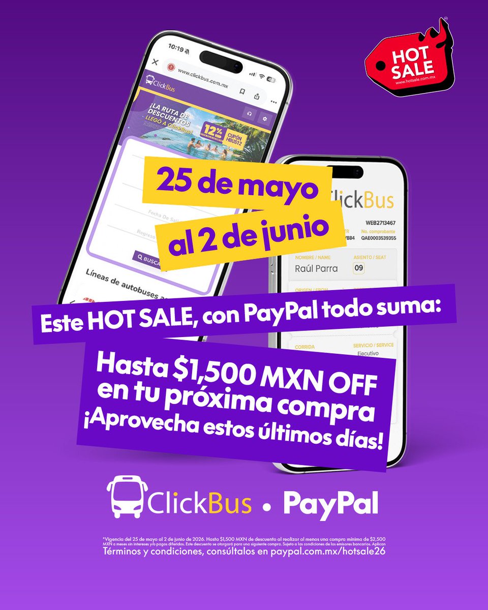 Click_Bus's tweet photo. No dejes escapar el HOT SALE 🔥🚌

Hasta $1,500 MXN OFF en tu próxima compra.

¡Con PayPal y ClickBus, tus viajes suman! 🏝

🚌 ¡Entra ahora a ClickBus! 👉 https://t.co/nG63n0oXBs 

📞 ¡Llámanos! 👉 55 5350 8737

 ⚠️ Consulta T&amp;C 👉 https://t.co/mthAj6rA0V

#HotSale26 #PromosHot https://t.co/EedGwOotrL