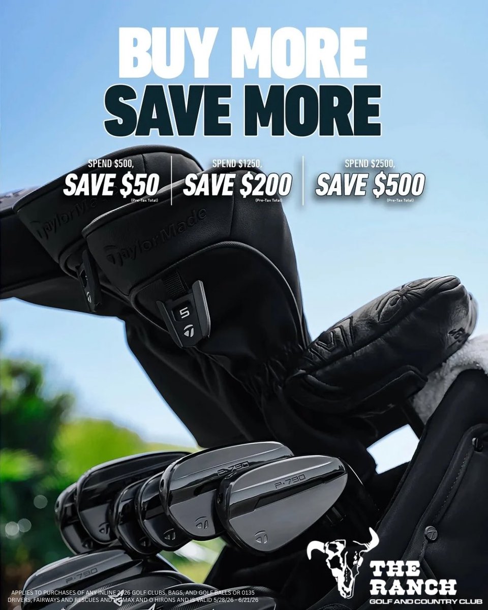 ranchgolfcourse's tweet photo. @Taylormade_ca event is on now at The Ranch Pro Shop!

Upgrade your game and save on qualifying TaylorMade equipment!

💰 Spend $500, Save $50💰 Spend $1,250, Save $200💰 Spend $2,500, Save $500

📅 Promotion runs May 28 – June 21

#TeamTaylorMadeCA #TheRanchGolf https://t.co/LiM619SaeK