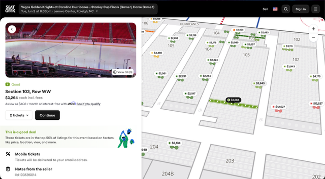 jay_chaudhuri's tweet photo. Same section. Same row. Stanley Cup Finals.

🏒 Ticketmaster (official NHL partner): 2 tickets = $3,628
🔁 SeatGeek (resale): 1 ticket = $3,264

Bots bought them up and flipped them before real fans had a chance.

That's why NC needs SB 849 — the Real Tickets Real Fans Act.

🐻‍❄️ #LetsGoCanes #RealTicketsRealFans @Canes