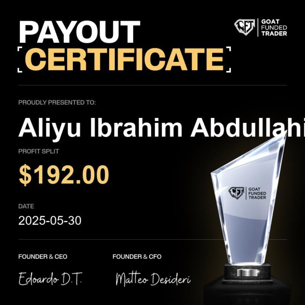 Aliyos__k's tweet photo. This is my first payout I received after blowing one @GoatFunded account. Since I started trading, I’ve never traded with any propfirm except @GoatFunded . After blowing my first account, I went back to study my strategy again. I focused on backtesting, risk management, psychology, and discipline.

After a long struggle, I managed to save enough money to buy another $8k account. Thankfully, I passed Phase 1 and Phase 2, got funded, started making profits, and finally received this payout.

This payout changed my life a lot. At that time, I was able to pay off debts I owed, and honestly, almost 80% of this payout went into clearing those debts.

But after receiving this payout, I started feeling like I had become a professional trader. I abandoned the same system that helped me pass the account and get my first payout. I became careless and eventually blew the account again. At that point, I had no money left to buy another account because I had already spent all the payout I received. My business was small, and the income I made wasn’t enough to easily afford another account.

I kept struggling for a long time before I was finally able to buy another account, but I blew it again. I bought another one and still blew it. In total, I blew 3 accounts before I finally went back to the same system I had abandoned — the system that originally worked for me and got me my first payout.

After returning to that system, I bought another account, passed it, and got another payout. Since then, I haven’t blown any Phase 1 or Phase 2 accounts again. Sometimes I may lose funded accounts, but I still manage to secure payouts from them. Up till now, I’ve received 7 payouts from @GoatFunded, and I’m currently preparing to request my 8th payout.

And just as I said earlier, till today I’ve never traded with any company apart from @GoatFunded.

The lesson from my story is this: once you find a system that works for you, don’t abandon it unnecessarily. Keep improving and stay consistent with it, because the new system you want to switch to may not work for you the same way.

Big thanks to @GoatFunded ceo @EdwardXLreal and the team @Haruna_gft @bintugft @Moses_GFT @Paulgft1 @goat_funded @Moses_GFT @Leveragedgiant @Leveragedgiant