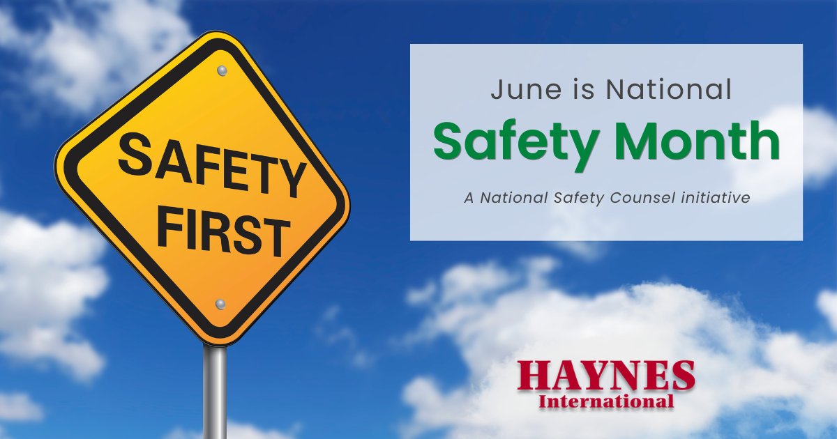 HaynesIntl's tweet photo. June is National Safety Month. At Haynes, safety is our top priority, and we empower our employees to take ownership of safety every day. Our commitment is to ensure every employee leaves work in the same condition they arrived—injury-free.  Join us in promoting a safer workplace! 🦺
#NationalSafetyMonth #WorkSafe #SafetyFirst