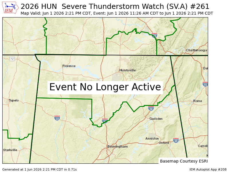 CullmanToday's tweet photo. HUN cancels Severe Thunderstorm Watch for Cullman, DeKalb, Jackson, Lawrence, Marshall, Morgan [AL] https://t.co/2wQiQXHSDF https://t.co/VXxUhFdnPK