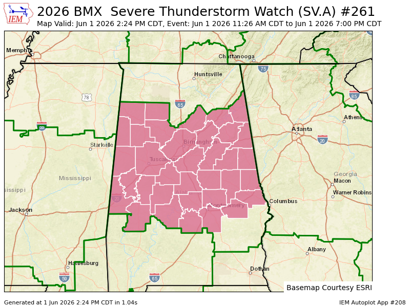 K4NWS's tweet photo. BMX updates Severe Thunderstorm Watch (expands area to include 17 counties, continues 18 counties) till Jun 1, 7:00 PM CDT https://t.co/FYWkCQ1C37 https://t.co/tBIoZroWro