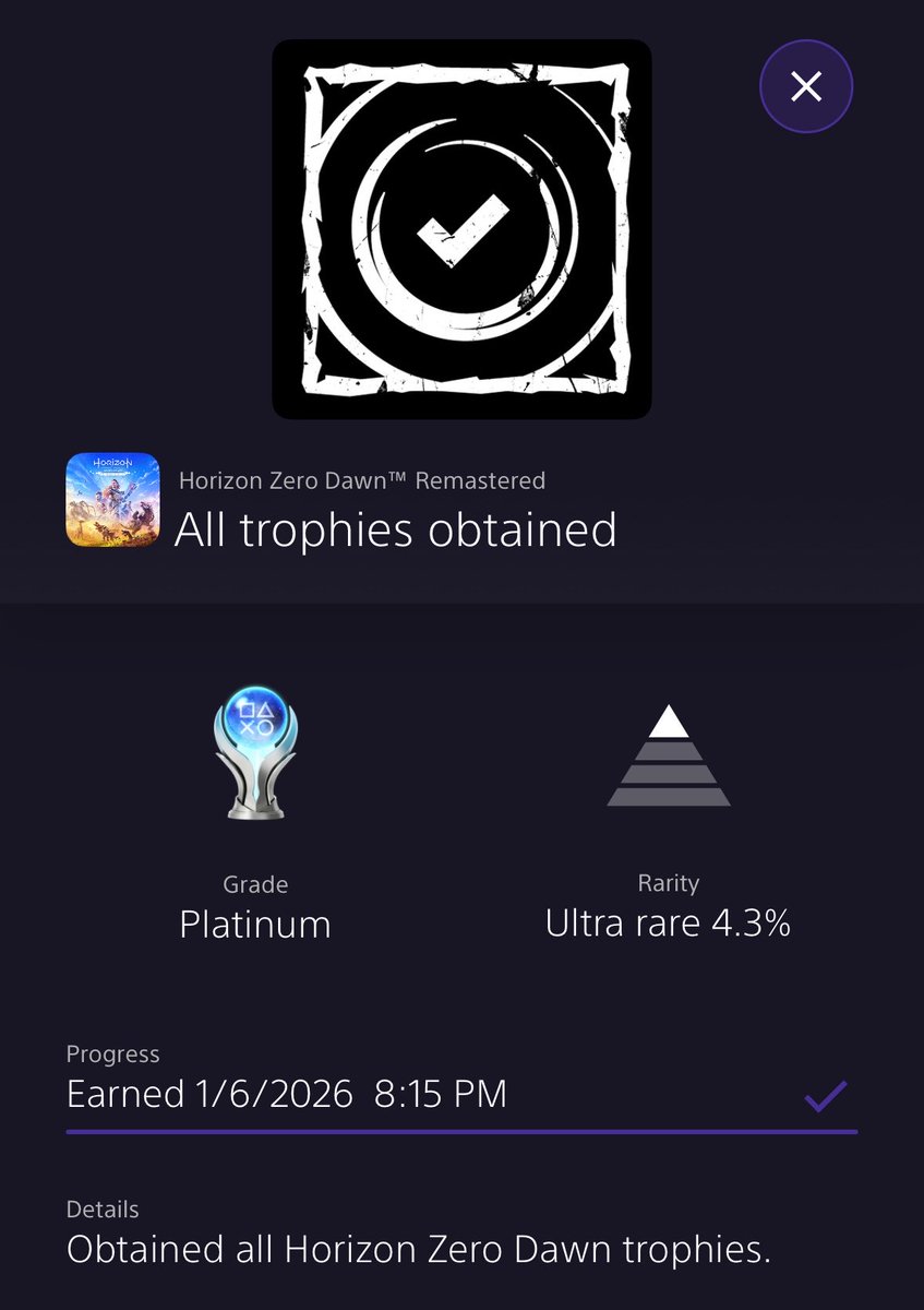 miislyss's tweet photo. Platinum #119 - 
Horizon Zero Dawn Remastered

Enjoyed it just as much as I did on the PlayStation 4! 😌
#TrophyHunting #HorizonZeroDawnRemastered https://t.co/q44pbzJcak