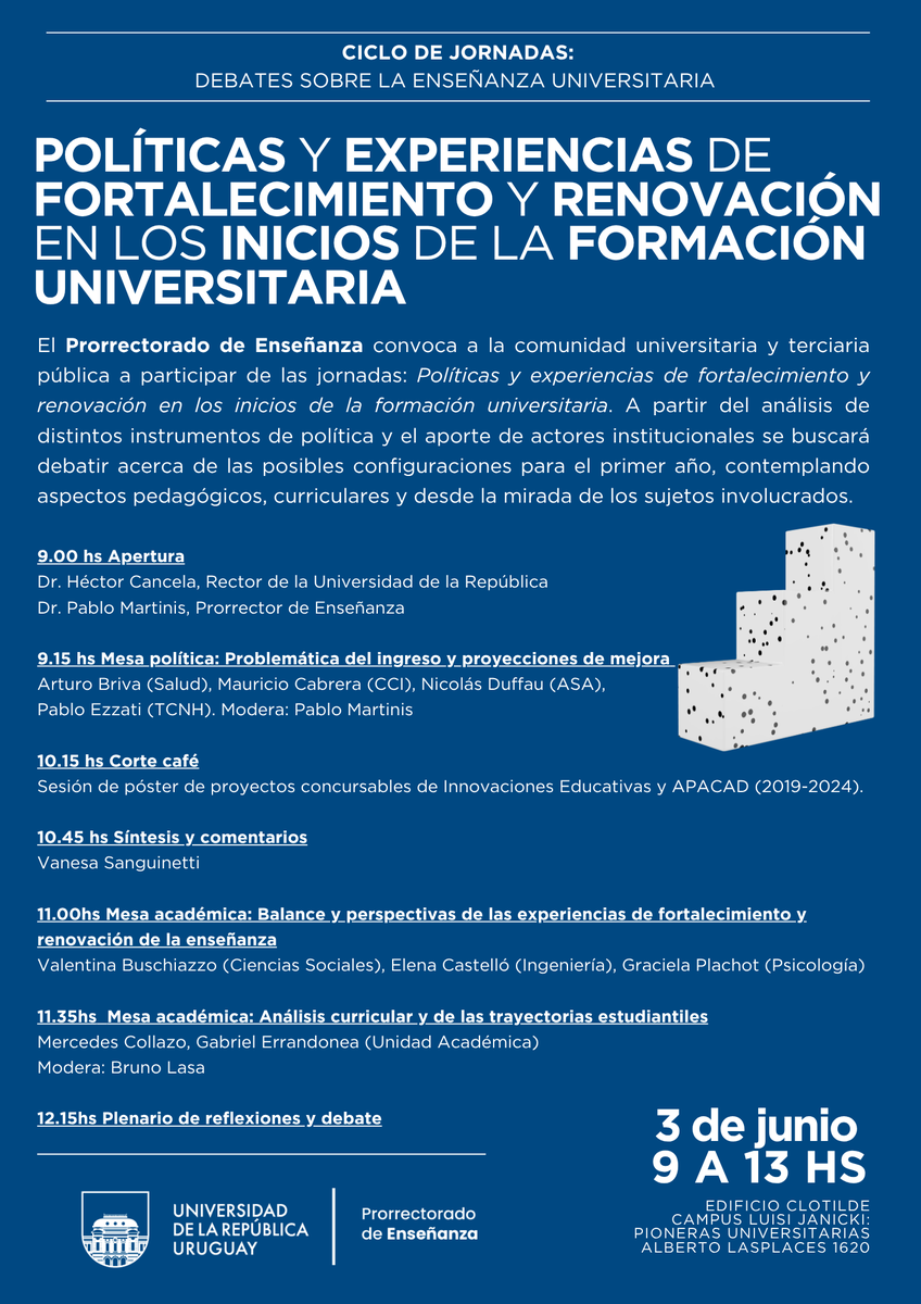PrEUdelar's tweet photo. Este 3 de junio comienza el ciclo de jornadas "Debates sobre la enseñanza universitaria"

🕘 9 a 13 h

📍 Edificio Clotilde, Campus Luisi Janicki
Alberto Lasplaces 1620

https://t.co/7MKCkcs5TH https://t.co/6gm20s8iRl
