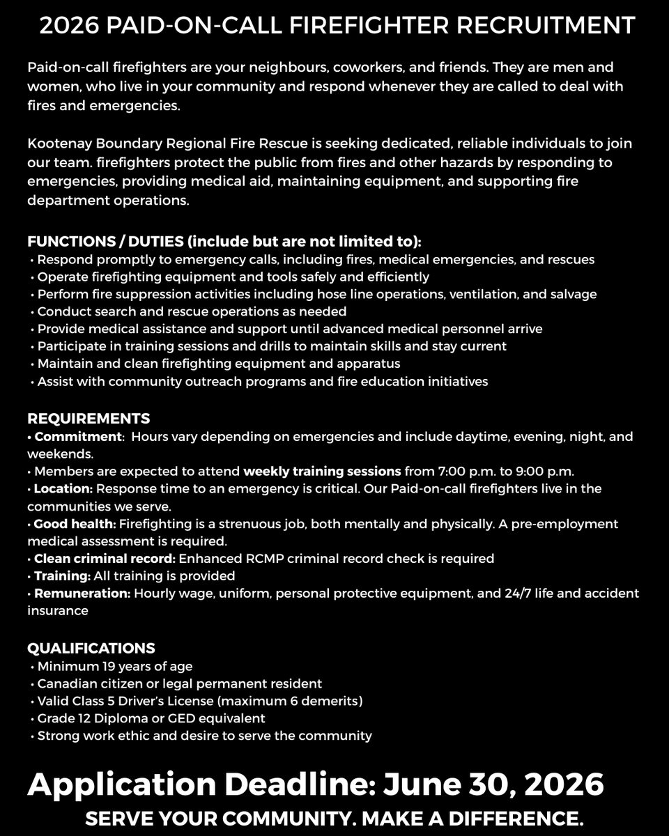 RDKBdotcom's tweet photo. We're looking for community-minded people to join KBRFR as Paid-on-Call Firefighters.

No experience? No problem.

We'll provide the training, support &amp; opportunities. You bring the commitment, teamwork, &amp; willingness to serve.

https://t.co/QsC04cOimB https://t.co/MwuhwpzPKi