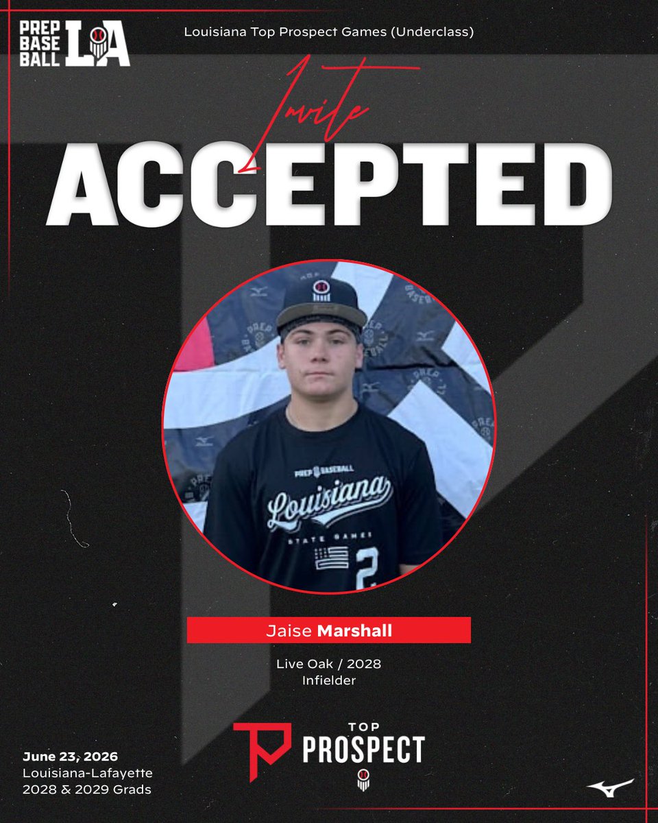 PrepBaseballLA's tweet photo. 🎟️ #𝐋𝐀𝐓𝐏𝐆𝟐𝟔 𝐈𝐧𝐯𝐢𝐭𝐞 𝐀𝐜𝐜𝐞𝐩𝐭𝐞𝐝

We’re excited to see the following players at the Underclass Top Prospect Games on June 23rd at the University of Louisiana-Lafayette.

‘28 Tucker Little (Sulphur)

‘28 Derek Lucas (Destrehan)

‘28 Logan Maricle (Grace Christian)

‘28 Jaise Marshall (Live Oak)

Event page with complete roster and all the details below ⬇️ 

#BeSeen

🖇️ https://t.co/Zxq03tAKD2