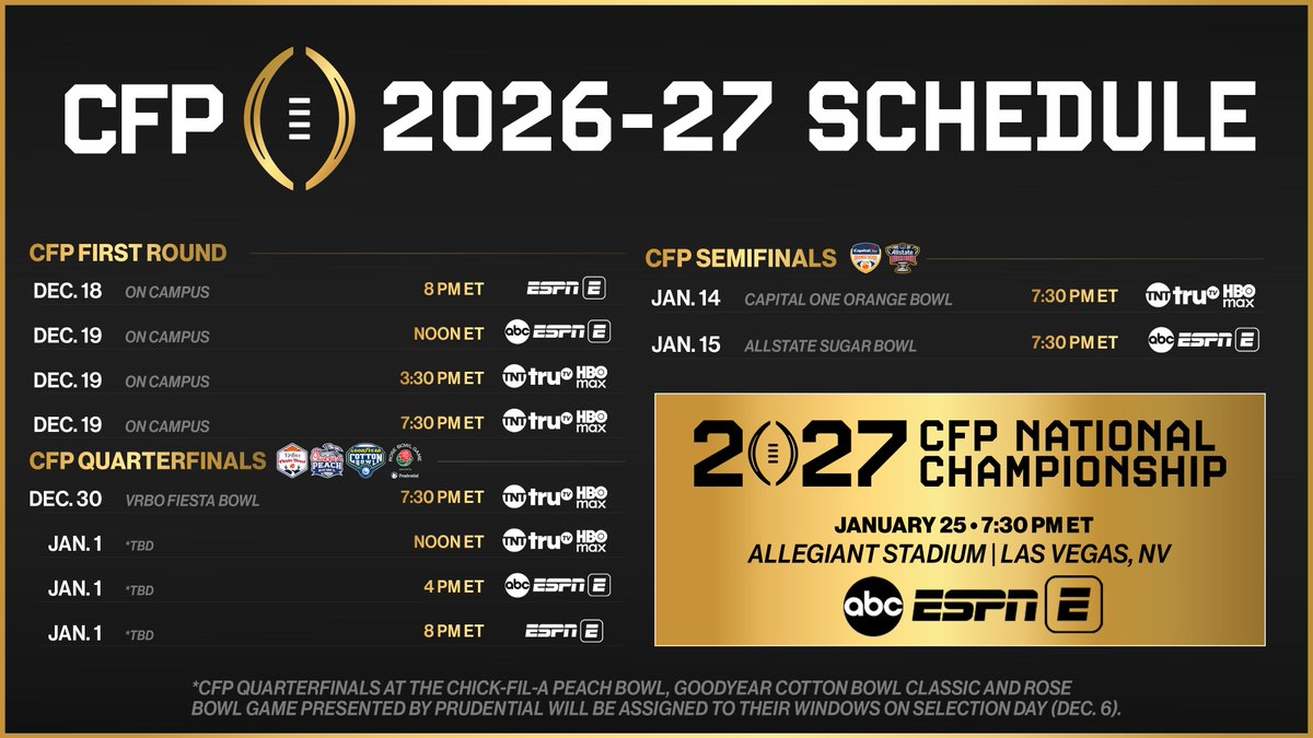 ESPNPR's tweet photo. The countdown is ON!

TV schedule for the '26-'27 #CFBPlayoff is here 🏆

Details: https://t.co/Br021BQ1Wa https://t.co/Wc4rpjExGg