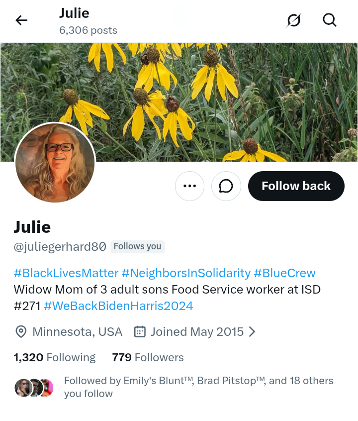 JDVans's tweet photo. I hope you all  take a second to check out @juliegerhard80 , she has been getting royally screwed by the algorithm, fierce resister who tries to help other people grow.

11 years on here, 6000 posts and she isn't getting the love she deserves. https://t.co/1n9pr4t6Ip