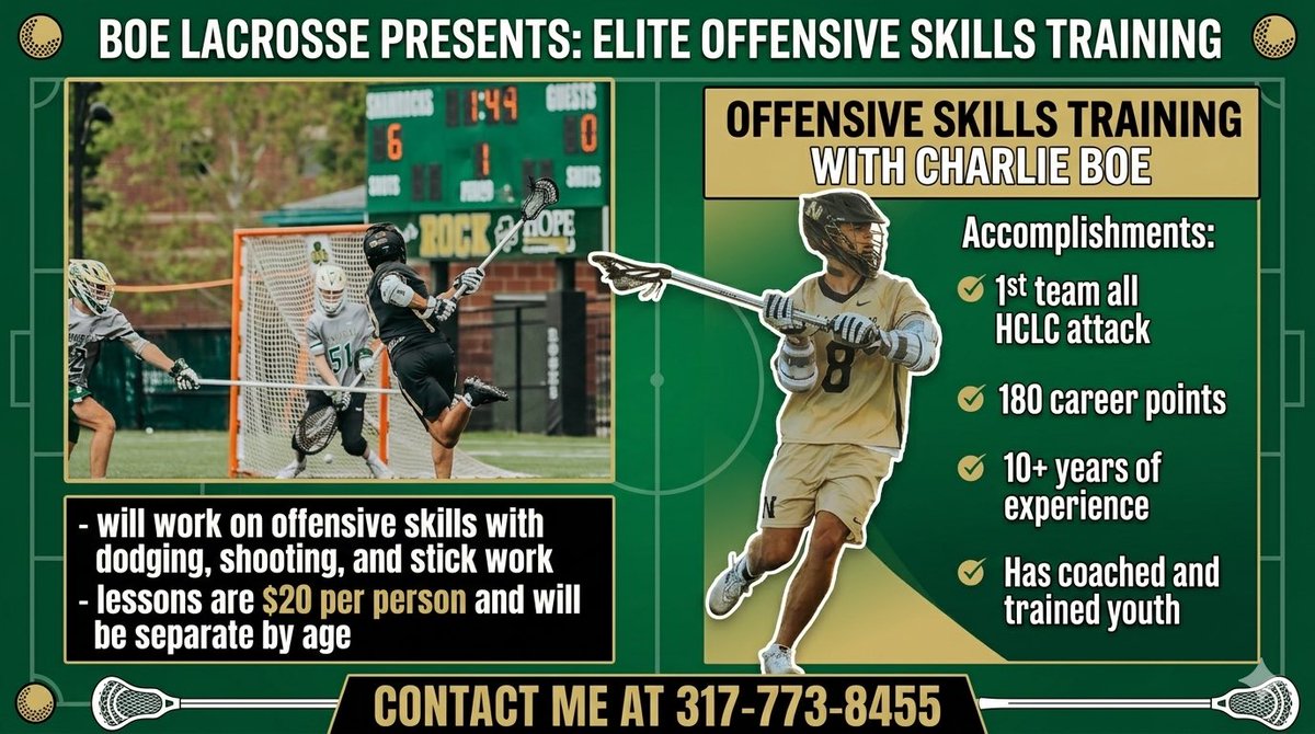 MillersLAX's tweet photo. We are excited to announce that Wabash College commit Charlie Boe is doing offensive skills training this summer! Training groups will be no more than 4 people and are separated by age group. Please contact him at the number 317-773-8455 if interested. https://t.co/MxMaEGsGOI