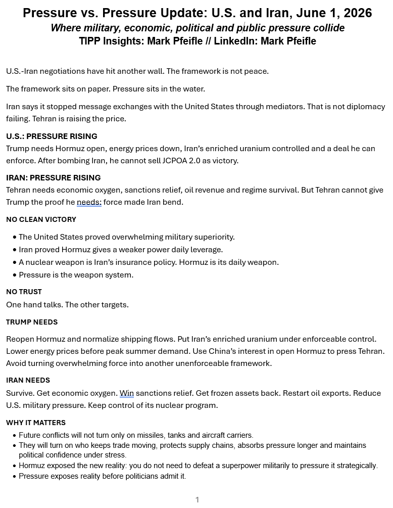 pfeifle's tweet photo. New Pressure vs. Pressure Update:

The framework sits on paper.

Pressure sits in the water.

A nuclear weapon is Iran's insurance policy.

Hormuz is its daily weapon.

The talks stalled.

The pressure didn't.

#PressureVsPressure https://t.co/XyaX1myaBs