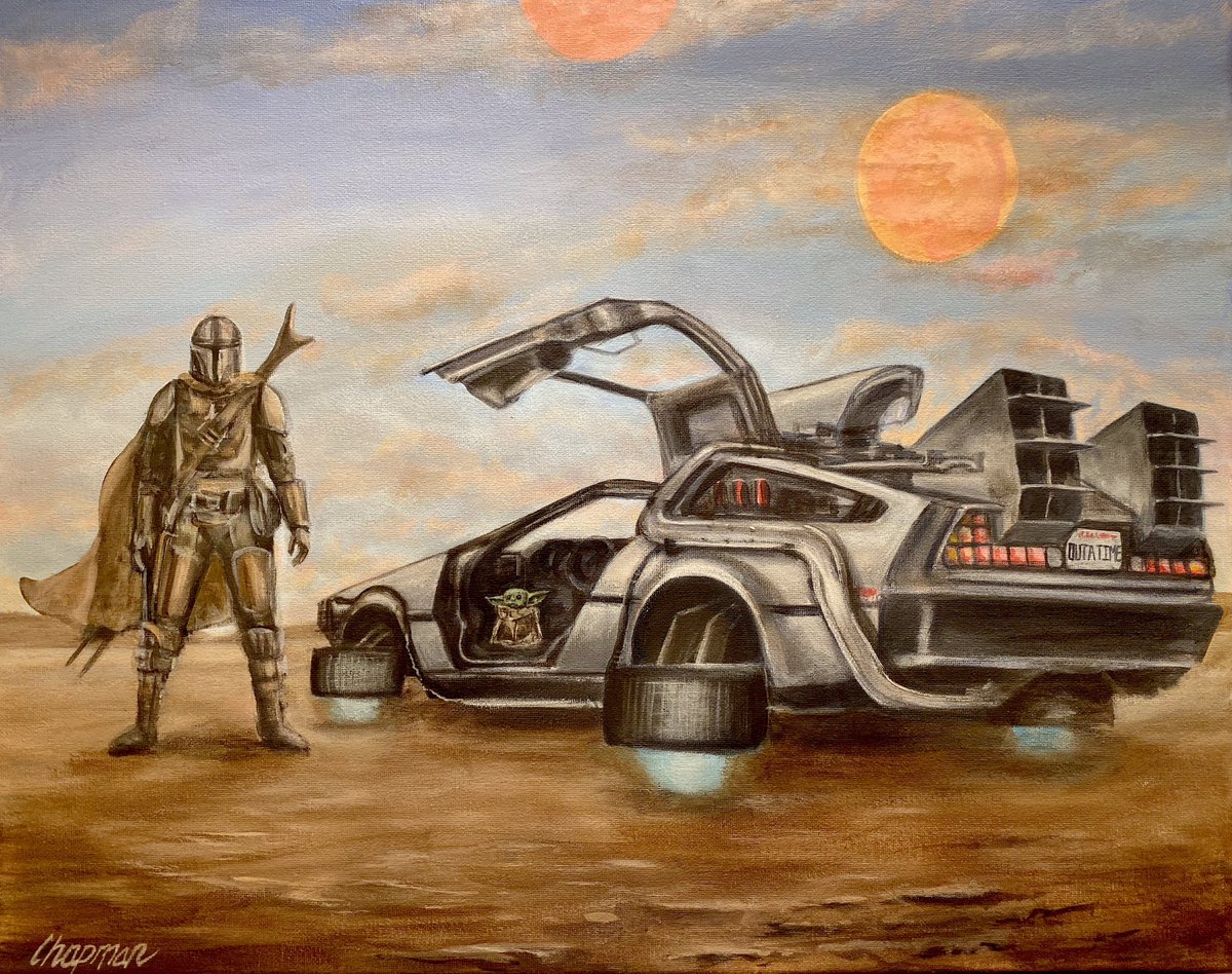 Travispaints's tweet photo. The ManDeLorean and Grogu, my acrylic painting https://t.co/3E2u9P8Ooh