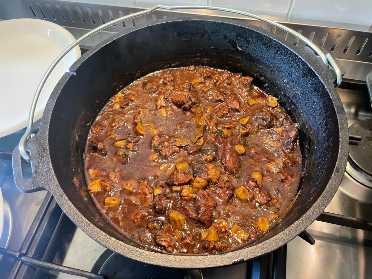 RobStemerdink5's tweet photo. Het is ook hier etenstijd en wij hebben de Vlaamse keuken meegebracht 😍 #stoofvlees #dutchoven #puntpaprika #kamado #roadtrip https://t.co/wgE8yhA7TF