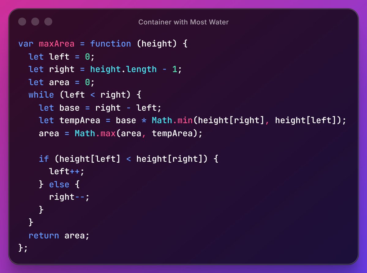 KDSAMF's tweet photo. Solved Leetcode - 11

Took me some time to understand why we move the shorter pointer instead of the taller one, but once it clicked the solution felt obvious 😂.

it is little similar to (https://t.co/YsOuJGHhpl)

O(n) Time
O(1) Space
Slowly getting better at DSA 
#leetcode #dsa https://t.co/RHQCZKpQJa