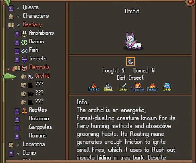 AlchemicBeasts's tweet photo. Dex #4  Meet Orchid, the first mammal documented by Mioni so far, is a rare fox-like beast with only three paws. These mysterious creatures can bend fire to their will, allowing them to spirit walk and perform other unnatural abilities! 
#IndieGame #RPG #GameDev #pixelart https://t.co/oTr4ucg4Gw