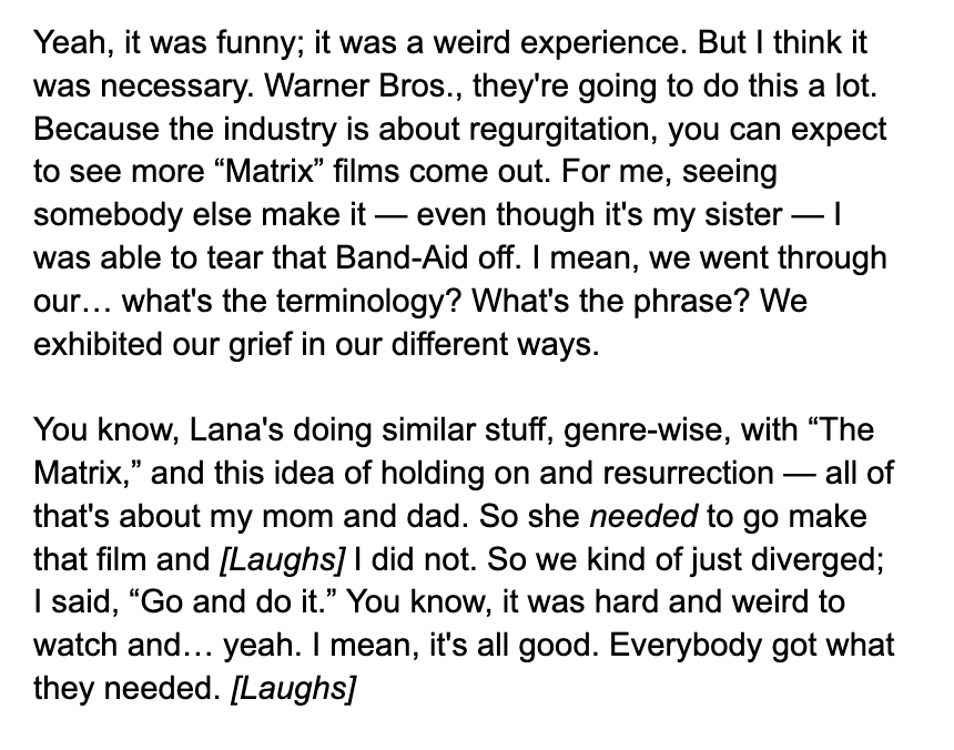 Nick_Newman's tweet photo. Lilly Wachowski on The Matrix Resurrections: "It was a weird experience. But I think it was necessary." https://t.co/G4qaGPdSAT https://t.co/uQwjfyO23B