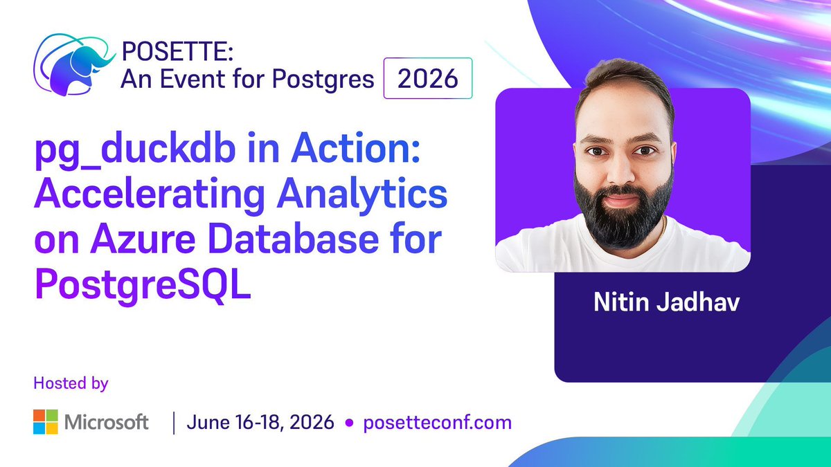 PosetteConf's tweet photo. What if you could run analytical queries inside Postgres without an ETL pipeline? At POSETTE, Nitin Jadhav (Microsoft) demos pg_duckdb on Azure Database for PostgreSQL, querying tables &amp; Parquet files from object storage. 

Watch Thu 18 Jun, livestream 4.
https://t.co/vY1OmIspvO https://t.co/EG1cqceWfa
