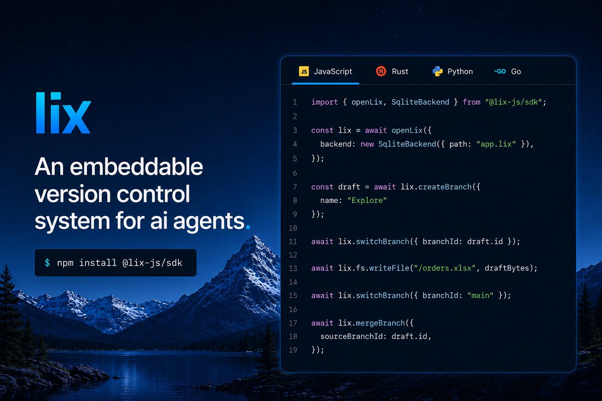 samuelstroschei's tweet photo. Announcing @lixCCS v0.6: An embeddable version control system.

Import version control as a library, bring your own backend.

```js
import { openLix } from "@lix-js/sdk"

const lix = await openLix({})

lix.fs.writeFile("/hello.md", "Hello World")
```

AI agents are creating an explosion in version control demand. AI agents need isolated workspaces, checkpoints, branches, reviewable changes, rollback, and durable state.

Today, teams try to solve this by wrapping Git in their infrastructure.

But Git was not designed to be embedded. You end up managing repositories, locks, packfiles, GC, LFS, process calls, protocol servers, and cross-system transaction coordination around a tool that expects to live outside your application and infrastructure.

Lix solves this with an embeddable version control system you import as a library, backed by your own backend:

- Bring your own backend: SQLite, Postgres, S3 object storage, Cloudflare storage, etc.
- Handles any file format (.docx, .pdf, etc.)
- Large-file support built in, without a separate LFS layer
- ACID transactions across state, blobs, and history
- SQL as a query interface for agents

What you can build with Lix:

- AI agent filesystems with branches, checkpoints, and rollback
- Version-control extensions for databases like Postgres or SQLite
- Data lakes with commits, diffs, rollback, and large-file support
- and more...

More releases will follow that expand the use cases, but v0.6 is the first usable release of the core idea: a version control system you can embed.