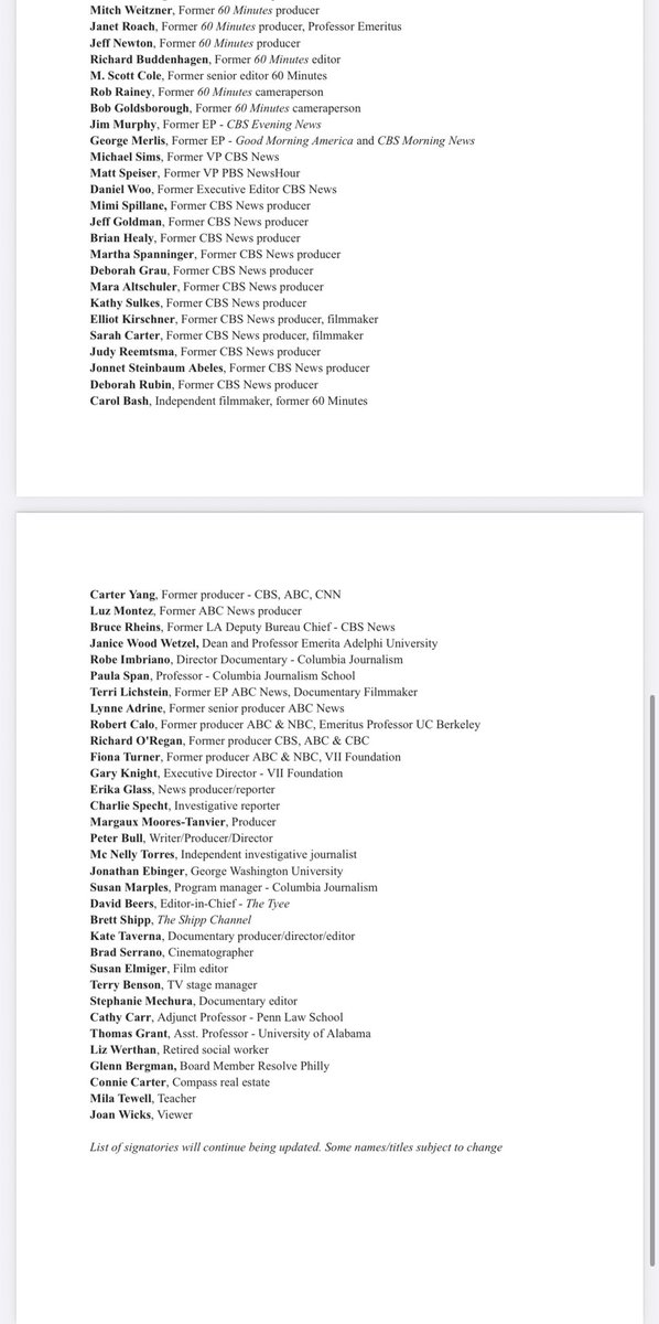 BenMullin's tweet photo. NEW: A slew of well-known journalists, including Dan Rather, Lowell Bergman and Alex Gibney, have released a letter to David Ellison asking him to affirm his commitment to editorial independence at “60 Minutes.” https://t.co/6dumz7hpqL