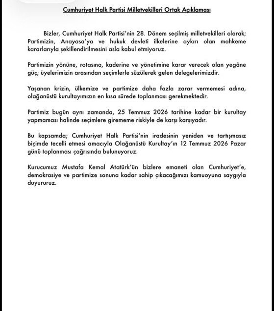SalihUzunDr's tweet photo. Cumhuriyet Halk Partisi’nin iradesinin yeniden ve tartışmasız biçimde tecelli etmesi amacıyla;

Olağanüstü Kurultay’ın 12 Temmuz 2026 Pazar günü toplanması çağrısında bulunuyoruz. https://t.co/UXMWCL188H