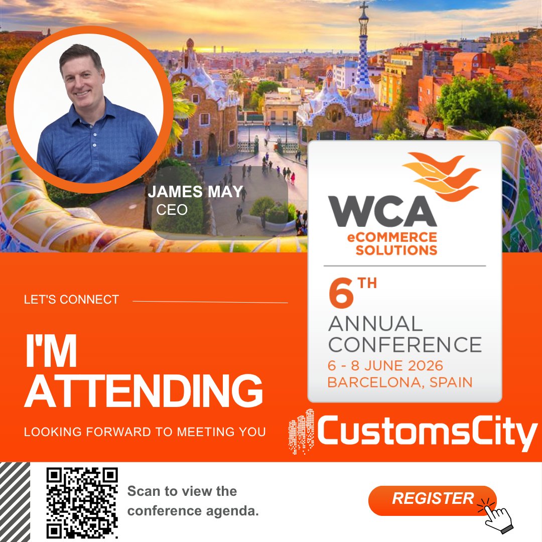CustomsCity's tweet photo. Barcelona is calling 🇪🇸 

The CustomsCity team will be at the WCA eCommerce Solutions Conference June 6–8, cross-border trade, logistics innovation &amp; the tech reshaping global eCommerce.

Come find us. The best conversations happen off-script.

#WCAeComSolutions #Barcelona2026 https://t.co/5GUy6Ctho9