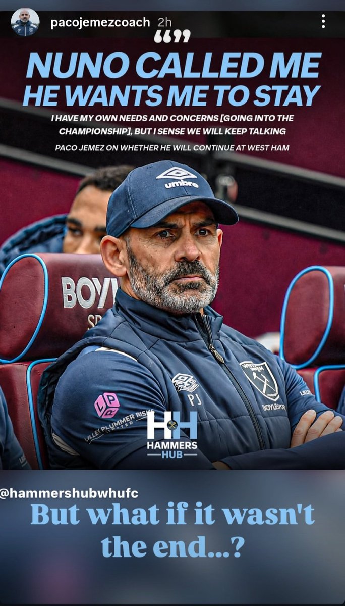 RyanTlksFooty's tweet photo. ⚒️ Paco Jemez responds to Hammers Hub on Instagram Today with a Simple Response saying "But what if it Wasn't the end" Hinting he will Stay at West ham Alongside Nuno in the Championship. #WHUFC https://t.co/NmFdc6vzdt