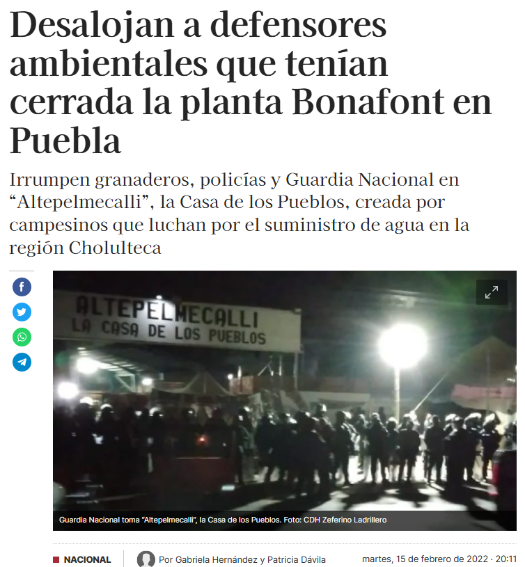 JorgArboleda's tweet photo. Y cuando los pueblos cholultecas tomaron la planta de Bonafont, su mamantial se restauró, pero la Guardia Nacional los reprimió y desalojó para beneficio de la multinacional. https://t.co/MFTsS3O3kv