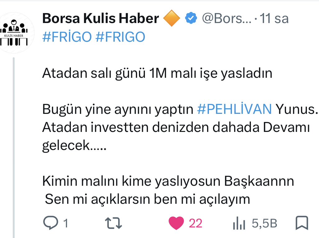 BorsaKulisHaber's tweet photo. #FRİGO #FRIGO 

Aşağıdaki twiti attığımda ata -900bindeydi sonrasında 3.5M daha dayadı😂

Akşama kadar tahtayı izledim #PEHLİVAN Yunus sen nası bi teşkilat kurmuşsun öyle herkes birbirine geçiriyo tahtada 😂

YFAS’tan düşürdüğünüz kuş epey etliymişki 5M’u dayadığinız adamcağıza gerçi en fazla   1 haftaya onuda başkasına geçersin sen 😂

Atadan son 3 gündür veren Onur kime dayadı malları onu bilmiyorum ama oda güzel dayıyor işi senden öğrenmiş belli

Son saniye tacirden yukarı çizdin tahtayı karanlıkta atadan geri bastılar e ne anladık bu s*kişten😂😂

Neyse Pehlivan soyismiyle bir müddet ilgilencem önce sen sonra yeğenin @pehlivan_yafes