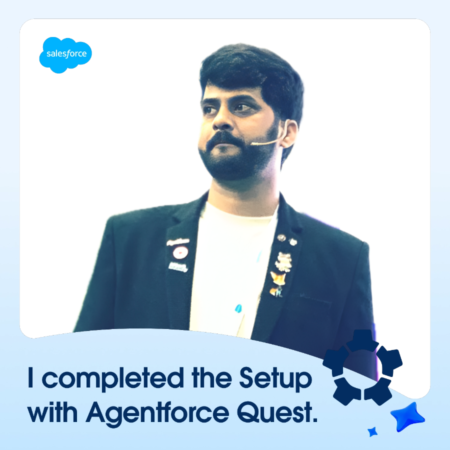 thetarunguptaa's tweet photo. 🚀 Finish Setup with Agentforce Quest!
I just finished the Setup with Agentforce Quest and gained valuable insights into how Agentforce can help Salesforce Admins work more efficiently and focus on what matters most.

#SetupWithAgentforce #SFSweepstakes #Agentforce  #SFAdmin https://t.co/WsqhncpwXL