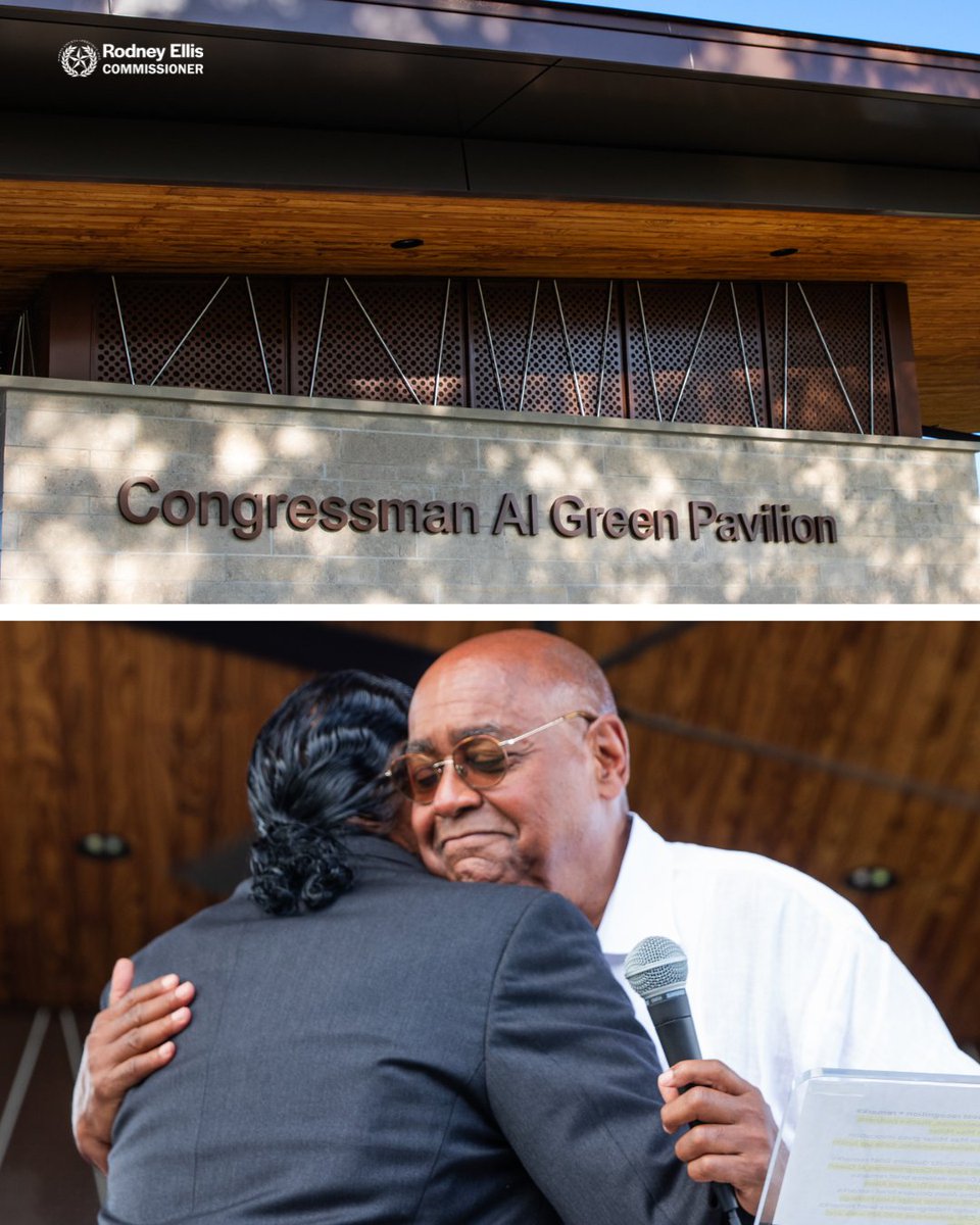 RodneyEllis's tweet photo. To my friend Al Green:  

Throughout your distinguished career in public service — from your time as a judge to your leadership in Congress — you have led with moral courage, always standing firmly for what is right, even when you have had to stand alone. 

This past Saturday, I was overjoyed to celebrate your legacy as “The People’s Congressman” alongside hundreds of neighbors at the grand opening of Hill at Sims Park.  As generations of park visitors form cherished memories and lasting community, the Congressman Al Green Pavilion will help connect people to one another, to nature, and to new opportunities for years to come.