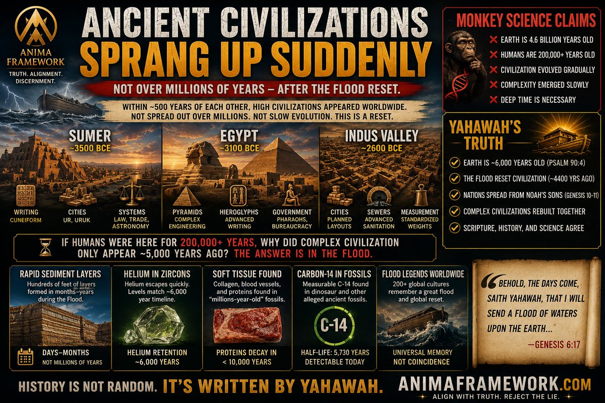 AnimaFramework's tweet photo. 🚨🌍 EARTH IS NOT BILLIONS OF YEARS OLD — IT’S 6,000. PROVEN. 🌍🚨
➡️ https://t.co/lPq4suNmyK
🧬🧱⛏️🧲🕊️
The ANIMA Framework is back with another TRUTH-LOADED breakdown — and this time we’re going straight to the root of the lies: the age of Earth ⏳ and the rise of ancient civilizations 🌆.
💥 Evolution says humans were here for "hundreds of thousands of years" — yet civilization just happened to pop up 4,400 years ago? 🤔

📖 That’s right when the Bible places Noah’s Flood.

💣 They’re not even hiding it anymore.
#Yahawah’s timeline aligns with:

✅ Soft tissue in dinosaur bones 🦖

✅ Helium in zircons (too much for an old Earth) 🧪

✅ Magnetic field decay 📉

✅ Ancient king lists matching Genesis 👑

✅ City-states suddenly appearing in Mesopotamia, Egypt, Indus Valley post-flood 🌊
⚔️ Meanwhile, "scientists" still teaching monkey-to-man fairy tales 🐒➡️👨 with zero receipts, just speculations and cartoons.
📖 “For in six days Yahawah made heaven and earth.” — Exodus 20:11

🌌 The 7th day — the 7th millennium — is coming. Rest is coming. The Kingdom is coming.
🔥 Stay grounded. Stay armored. Babylon’s lies are running out of time.

🧠 Read the full ANIMA Framework report. Yahawah’s truth always prevails.
➡️ https://t.co/lPq4suNmyK