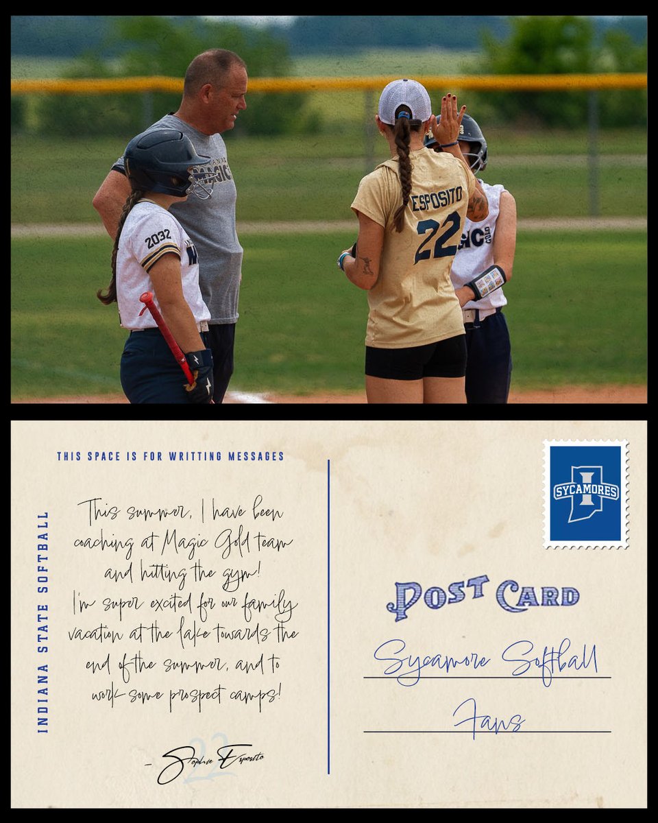 IndStSoftball's tweet photo. 📬 Postcard from @sophieespo22 !
2️⃣2️⃣ is checking in with the fans to share what she’s up to this summer.

#MarchOn https://t.co/d77PmVvrNX