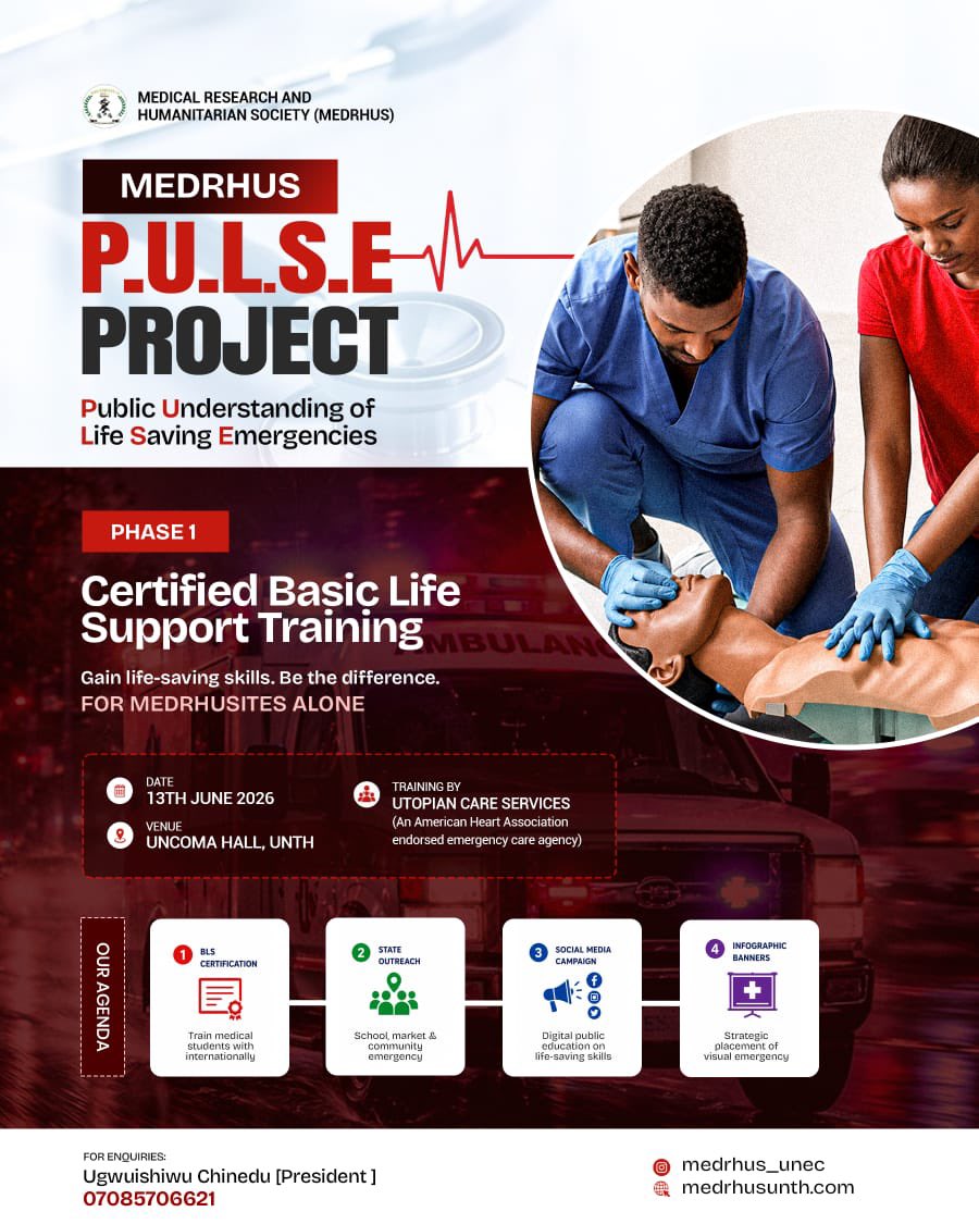 MEDRHUS's tweet photo. 911, What's your emergency?📞🚑

MEDRHUS is glad to announce the launch of her  Public Understanding of Life Saving Emergencies  (PULSE)Project🫀🏥 https://t.co/TvkJZD4mjx