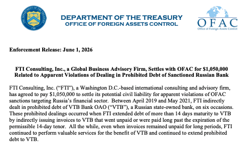 AlexZerden's tweet photo. @USTreasury OFAC enforcement action announced today against international consulting and advisory firm FTI Consulting for prohibited debt dealings with Russia's VTB Bank https://t.co/VGm5esEkkh https://t.co/O5up6xNiRM