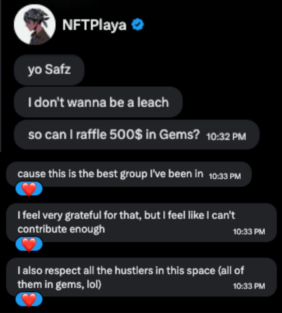 CrypSaf's tweet photo. GEMs give GEMs 💜
GEMs support GEMs 🩶

$500 raffle from @PlayaNft out of nowhere 

Appreciate this a lot, we have the best community hands down 💎

Everyone is helping &amp; supporting 🫶

Happy &amp; Proud 💜 https://t.co/AL46QErKHc