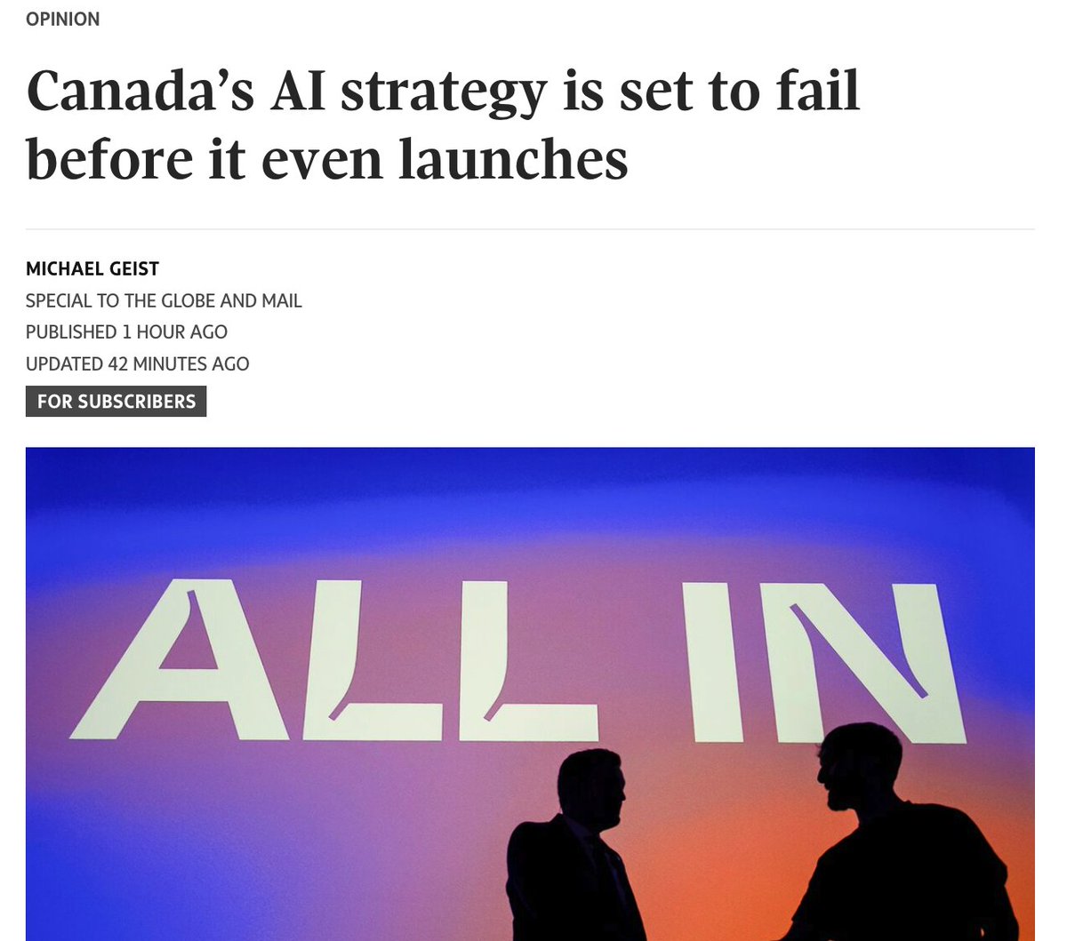 mgeist's tweet photo. My Globe op-ed on Canada's digital self-sabotage ahead of AI strategy release, which has tech sector alarmed and thinking of an exit. No chance at leadership when policies threaten security, make Internet services uneconomic, and raise AI adoption barriers
https://t.co/jXsMxJbzBe https://t.co/YGdJK3SXu8