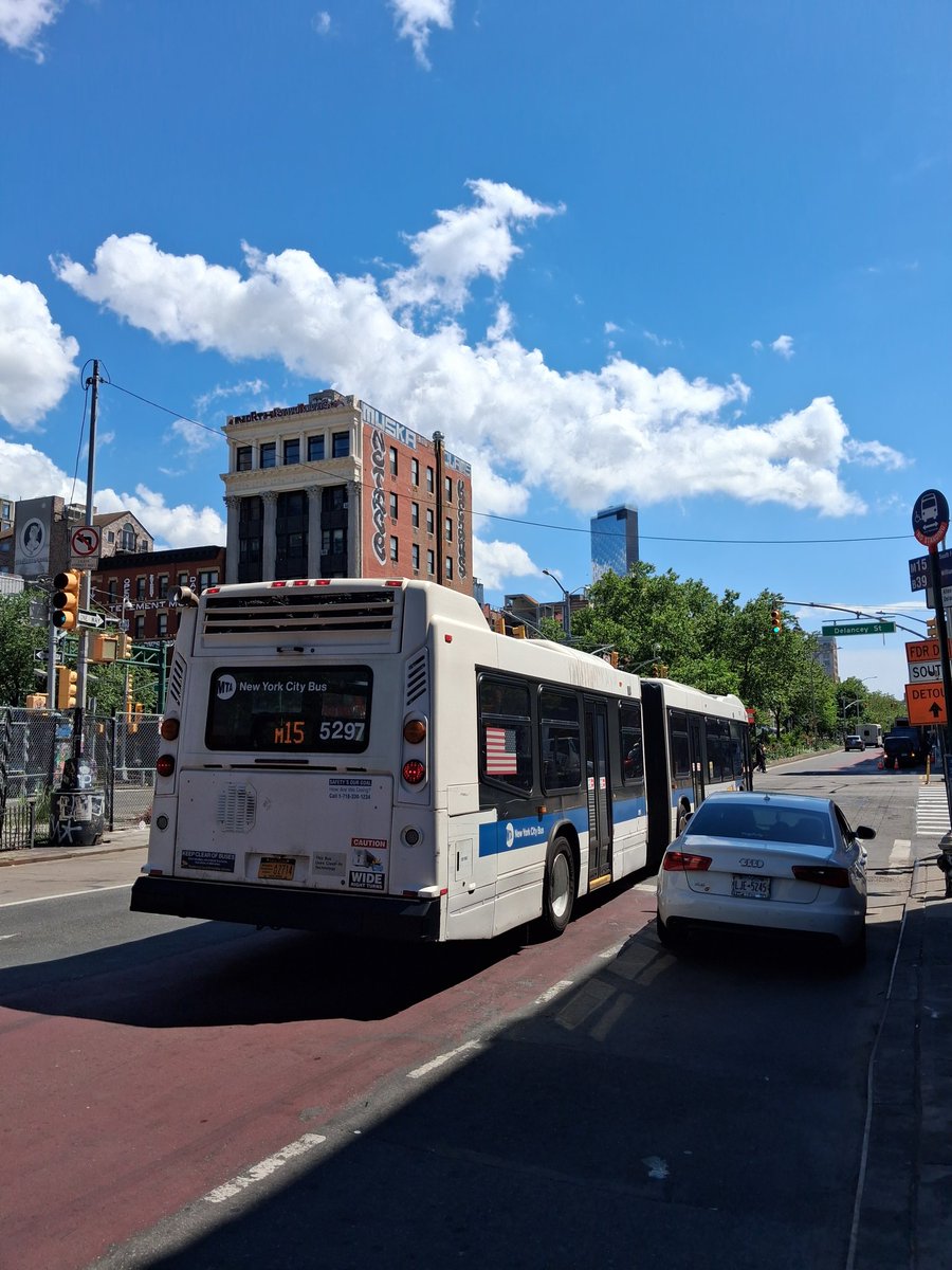 ShadowKGrant's tweet photo. Here is an NYCT MTA (MaBSTOA) 2012 Volvo/Nova Bus LFS Articulated (Model LF60102) 5297 on the Pike St bound M15. https://t.co/8WNcFjXQsy