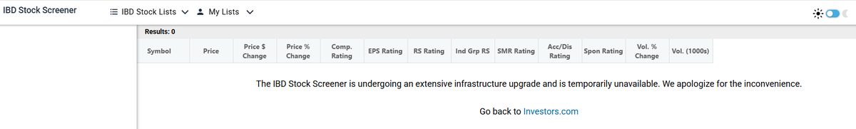 StillPoolTrades's tweet photo. @IBDinvestors @mwebster1971 @IBD_JNielsen Can somebody please provide an update on when the IBD Stock Screener will be available to use again? It has been down for over a month and each time I call support there is no ETA on when it will be back. Appreciate any info you can give. https://t.co/xqPw12J7bE