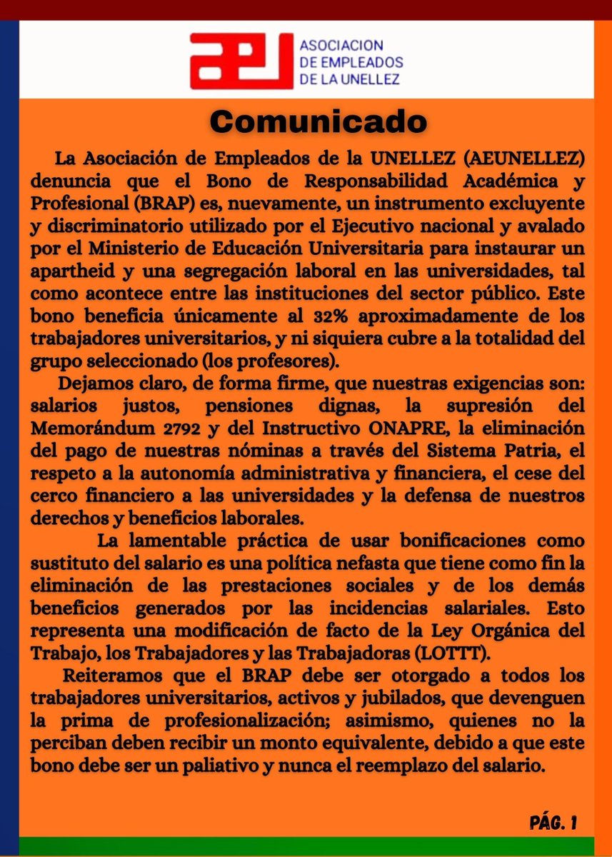 QPEV_'s tweet photo. #PulsoRegional #Barinas #1Junio Posición de la Asociación de Empleados de la UNELLEZ (AEUNELLEZ) ante la asignación del Bono de Responsabilidad Académica y Profesional (BRAP). Foto: AEUNELLEZ Vía: @briceida2010 https://t.co/0IgcTKiOrW