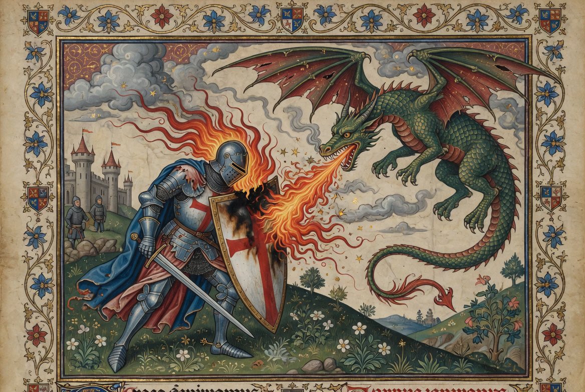 GA0AI's tweet photo. The eternal struggle — knight versus dragon.
In the style of a classic illuminated manuscript. ⚔️🐉
#KnightVsDragon #MedievalArt #IlluminatedManuscript #FantasyArt #AI https://t.co/tJWSCxSfio