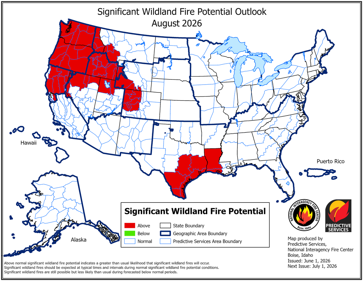 NIFC_Fire's tweet photo. The National Significant Wildland Fire Potential Outlook was released today, June 1, by Predictive Services, providing a look ahead at expected fire potential from June through September.

🔥Read the full outlook: https://t.co/81gZvf5RrT https://t.co/GVccgVUiAp